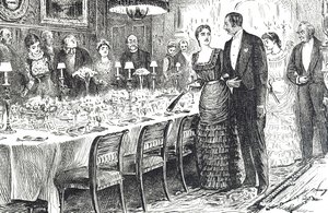 Desenho animado intitulado "Indo para o jantar" retratando um jovem casal que entra numa sala de jantar de George du Maurier