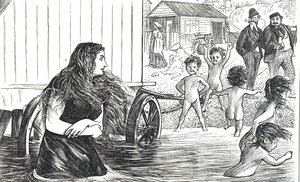 Desenho animado intitulado "modéstia e dever no conforto" que comenta os dois estilos diferentes de banhistas de George du Maurier