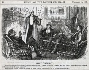 Cavalheiros reunidos na sala de fumo a fumar os seus charutos depois do jantar. George du Maurier de "Punch", Londres 1886. de George du Maurier