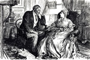 Georges du Maurier ilustrou um homem e uma mulher em conversa sobre os benefícios calmantes do óleo de fígado de bacalhau. Inglaterra 1869 de George du Maurier