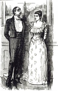 Georges du Maurier ilustrou um homem e uma mulher em conversa num evento da sociedade, Inglaterra 1891 de George du Maurier