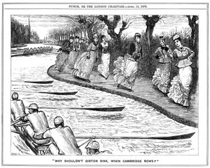 Patinar muito na moda. Estudantes de Girton no caminho de reboque acenando para remadores remando no rio. Desenho animado de George du Maurier de Punch, Londres de George du Maurier