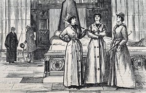 Três mulheres com casacos compridos, num museu. de George du Maurier