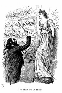 Trilby, o surdo de tom ? que não conseguia distinguir um C de um F dando um concerto sob a influência hipnótica de Svengali. Ilustração de George Du Maurier para o seu romance Trilby, Londres. de George du Maurier