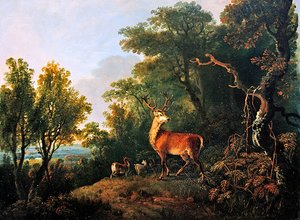 Um veado e três traseiros em uma paisagem arborizada (óleo sobre painel)
