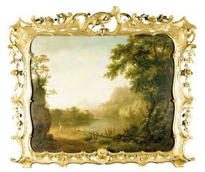 Uma paisagem de rio arborizado italianizado com figuras em primeiro plano e uma vila além, 1755