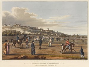 Resenha das tropas britânicas em Montmatre [sic], perto de Paris, pelo duque de Wellington, em 21 de outubro de 1815, gravada por M. Dubourg, 1819 (aquatinta colorida)