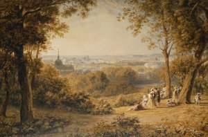 Uma vista de Versalhes com figuras elegantes em primeiro plano ao pôr do sol,