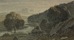 Noite, paisagem, com casa de campo e rio