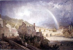 Aldeia e ponte de Llangollen, North Wales, com efeito do arco-íris