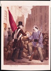 Um trabalhador compartilhando seu pão com um estudante carregando uma bandeira vermelha, de &39;Les Journees de Fevrier&39;, gravada por H. Jannin de Georges Alexandre Fischer