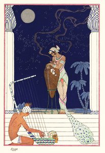 Uma rainha está a cheirar a fragrância queimada, antigo Egipto1928 (estampado) de Georges Barbier