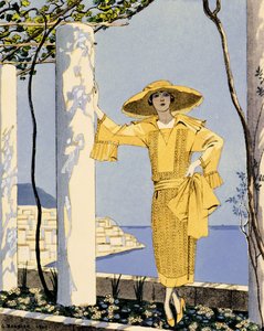 Amalfi, ilustração de uma mulher com um vestido amarelo da Worth de Georges Barbier