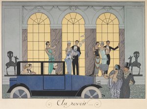 Au revoir. Pessoas que saem num carro. Pessoas em vestido de noite.