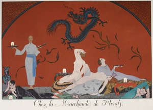 Chez la Marchande de Pasots. Pessoas, algumas nuas, deitadas em um quarto. decoração chinesa. de Georges Barbier