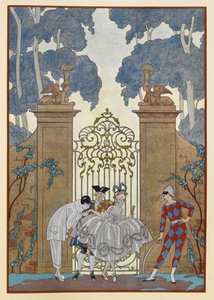 Colombine. Pessoas de pé fora de um portão. Um Pierrot. de Georges Barbier