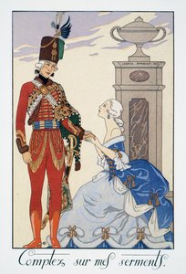 Conte com meus juramentos (serei fiel a você), hussardo húngaro, litografia de George Barbier (1882-1932), de Falbalas et Fanfreluches, Almanach des Modes Presentes, Passees et Futures de Georges Barbier