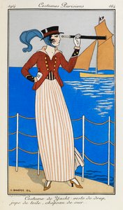 Costume de Yacht: veste de drap, jupe de toile, chapeau de cuir. Uma mulher vestindo um fato de iate: casaco de pano vermelho, saia de linho às riscas, chapéu de couro e lenço azul. Ela está a usar um telescópio, apontando para o barco no fundo. Fantasias  de Georges Barbier