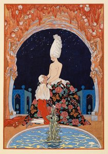 Dans la Grotte. Um homem ajoelhado diante de uma mulher seminua, junto a uma fonte. de Georges Barbier