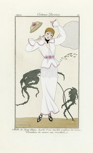 Desenho para Vestido Branco com Guarnição Rosa e Cinto de Croché, de Costumes Parisien, pub.1912 (pochoir print) de Georges Barbier