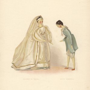 Bonecas da Duquesa de Parma e do Conde Almaviva, do Barbeiro de Sevilha, vestidas pela jovem Princesa Vitória. Placa colorida depois de uma ilustração de Alan Wright de Frances H. Low