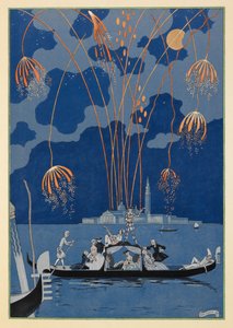 Em bateau. Fogos de artifício em Veneza. Pessoas em uma gôndola. de Georges Barbier