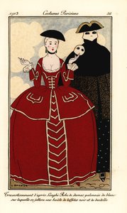 Trajes de fantasia da Longhi. Mulher em vestido adamascado debruado de branco, capa de tafetá preto e renda. Travesties após Longhi: vestido adamascado debruado de branco sobre o qual jogaremos uma baita de tafetá preto e renda. Bolso colorido à mão de Georges Barbier