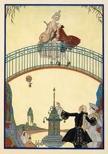 Ã€ La Promenade. Um homem e uma mulher em uma ponte. Pierrot, abaixo. de Georges Barbier