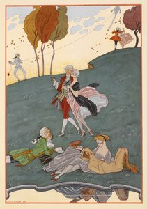 Les Ingenus. Vários homens e mulheres. Um homem empinando uma pipa. Um fauno. de Georges Barbier