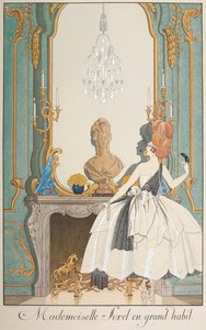 Mademoiselle Sorel com grande hábito. Uma mulher de pé em frente a uma lareira. de Georges Barbier