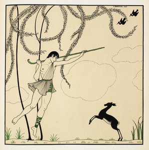 "Narciso". Cena de Narcissse, um balé clássico realizado em um ato. Narcisse estreou em 1911 em Monte Carlo. O menino está no ar dançando, carregando um cajado de pastor, um cordeiro está de pé nas patas traseiras. de Georges Barbier