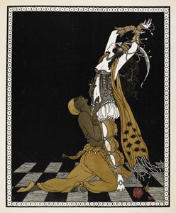 Nijinsky como o Escravo de Ouro em Sheherazade, uma suite sinfónica composta por Nikolai Rimsky-Korsakov em 1888. Está ajoelhado em frente à Sheherazade, ambos vestidos com trajes ao estilo árabe. de Georges Barbier