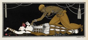 Nijinsky como a Escrava Dourada em Sheherazade, uma suíte sinfônica composta por Nikolai Rimsky-Korsakov em 1888. Sheherazade está aqui em seu leito de morte, a escrava dourada debruçada sobre ela de Georges Barbier