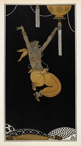Nijinsky como o Escravo Dourado em Sheherazade, uma suíte sinfônica composta por Nikolai Rimsky-Korsakov em 1888. Nijinsky está no ar, no meio do salto. de Georges Barbier