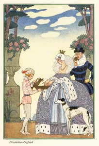 A Rainha Elizabeth lava as mãos numa tigela segurada pelo seu menino da página. 1928 (imprimir) de Georges Barbier