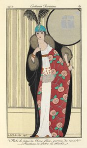 "Vestido de crepe de Chinês branco aparado com raposa. Casaco de lontra e gambas," de Georges Barbier