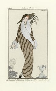 Casaco de zibelina com guarnição de raposa branca, de Costumes Parisien, pub.1912 (impressão pochoir) de Georges Barbier