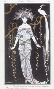 Vestido de noite e peruca de brocado de prata - Ilustração de George Barbier (1882-1932). em "Journal des dames et des modes: Fantasias Parisiens". de Georges Barbier