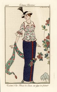 Fato de verão com blusa de linho floral e saia de foulard. Toilette d