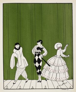 Três personagens do ballet de 1910, Carnaval, composto por Robert Schumann. À esquerda é um mímico artista. No meio está um homem, vestido com uma camisa branca com uma gravata preta e calças de xadrez, usando uma máscara. À direita está uma senhora, virad de Georges Barbier