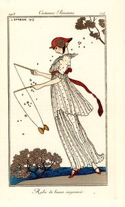 Mulher em vestido de linho estampado a tocar diabolo de Georges Barbier