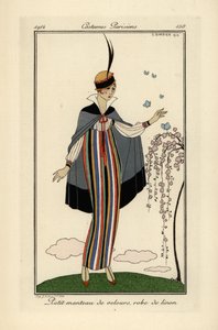 Mulher em vestido de linho às riscas com casaco curto de veludo. de Georges Barbier