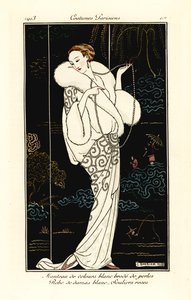 Mulher com capa de veludo, vestido damasco e chinelos cor-de-rosa. de Georges Barbier