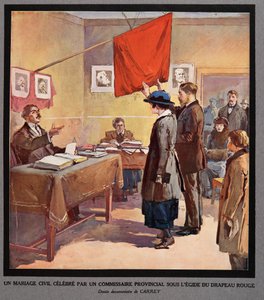 Um casamento civil efectuado por um Comissário Provincial sob a égide da Bandeira Vermelha, de Histoire des Soviets, pub. 1922 (litografia a cores)