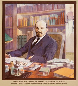 Lenine no seu gabinete no Kremlin em Moscovo, de Histoire des Soviets, pub. 1922 (litografia a cores)