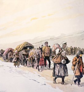 Multidões famintas a abandonar a sua terra natal, c.1924 (litografia a cores)