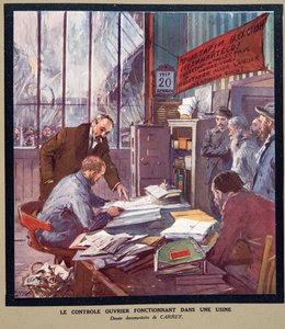 Controlo operário numa fábrica soviética na altura da Revolução de 1917, de Histoire des Soviets, pub. 1922 (litografia a cores)