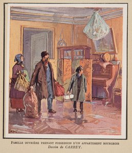 Família operária toma posse de um apartamento burguês, de Histoire des Soviets, pub. 1922 (litografia a cores)