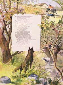 O Lobo e o Cordeiro, de fábulas de Jean de La Fontaine (1621-95) (gravura a cores)