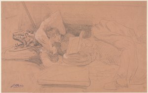 Sarah Bernhardt reclinada em um divã, lendo de Georges Jules Victor Clairin